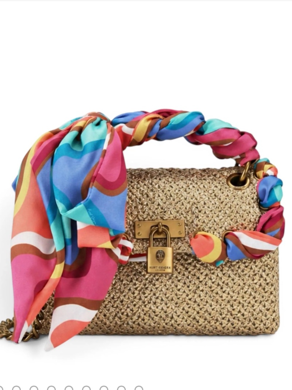 Kurt Geiger Gold Woven Raffia Crossbody Bag Scarf Lock NEW